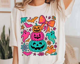 Preppy Neon Halloween Pumpkin Ghost PNG, Coquette Halloween Bow png, Fall Bat Ghost PNG, Girly Spooky Pumpkin Sublimation, Cute Halloween