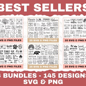 Puede incluir: Seis paquetes de archivos de diseño digital para proyectos de manualidades. Cada paquete presenta un tema diferente, que incluye familia, amabilidad, perro, mamá y bebé. Los paquetes incluyen un total de 145 diseños en formatos SVG y PNG.