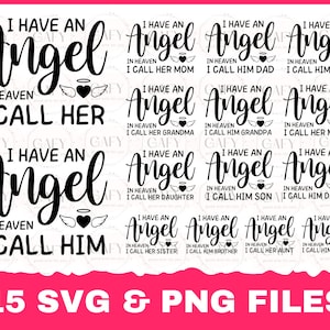 Tengo un ángel en el cielo paquete de 15 archivos svg png para máquinas de corte Cameo Cricut, mamá ángel, pérdida, duelo, cristiano, duelo