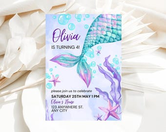 Mermaid Tail Birthday Invitation, Sea Birthday Invitation Girl, Editable Birthday Template, Purple Teal Mermaid Birthday