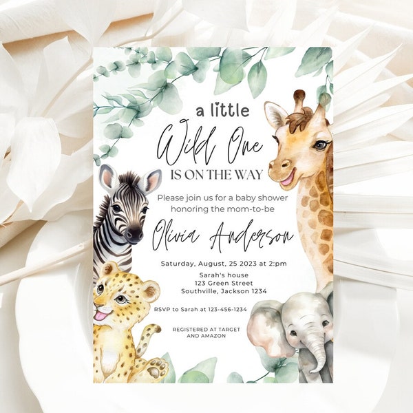 Editable Safari Animals Baby Shower Invitation, Safari Jungle Baby Shower Invite, Greenery Safari Animals Baby Shower Boy