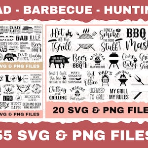 Puede incluir: Una colección de 55 archivos SVG y PNG con temas de papá, barbacoa y caza. Los diseños incluyen gráficos basados en texto con frases como "BBQ Master", "Deer Life" y "Dad Life."