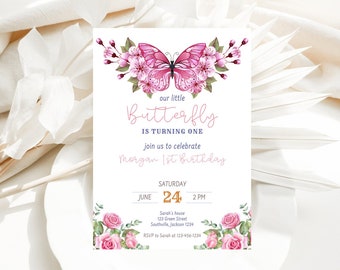 Butterfly Birthday Invitation, 1st Birthday Invite, First Birthday Invitation, Butterfly Birthday, Birthday Editable Girl, Girl Butterfly
