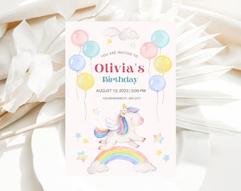 Unicorn Birthday Invitation Template, Rainbow Unicorn Invitation, Pastel Rainbow Unicorn Girls Invite, Magical Birthday Invitation For Girl