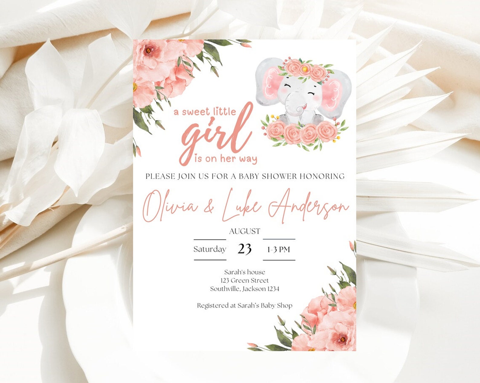 EDITABLE Blush Pink Rose Gold Elephant Baby Shower Invitation Girl ...