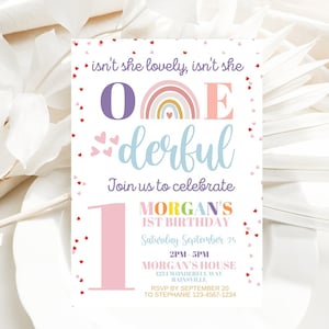 RAINBOW 1st Birthday Invitation Editable lovely Onederful Invitation Digital Modern Rainbow First Birthday Invite Pastel