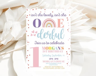 RAINBOW 1st Birthday Invitation Editable lovely Onederful Invitation Digital Modern Rainbow First Birthday Invite Pastel