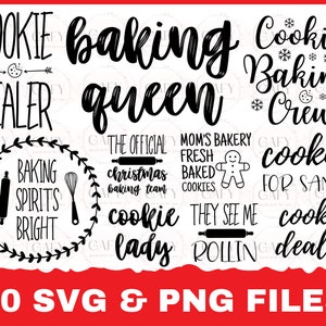 May include: A collection of black and white baking-themed graphics on a red background. Text includes phrases like "Cookie Baking Queen", "Baking Spirits Bright", and "Cookies for Santa". The image also states "10 SVG & PNG FILES".