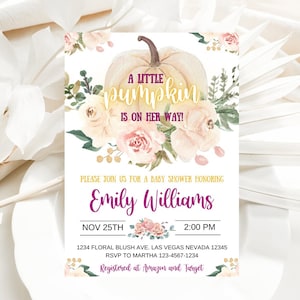 EDITABLE Pumpkin Baby Shower Invitation, Floral Pink and gold Girl little Pumpkin Shower Invites, Fall Autumn Instant Download Template