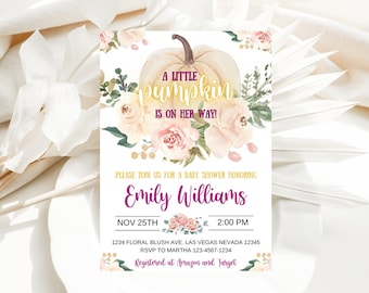 EDITABLE Pumpkin Baby Shower Invitation, Floral Pink and gold Girl little Pumpkin Shower Invites, Fall Autumn Instant Download Template
