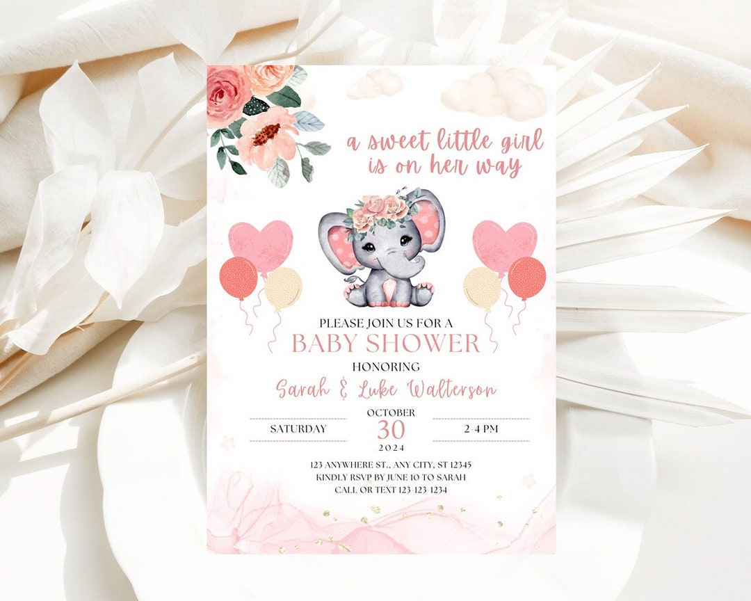 EDITABLE Blush Pink Rose Gold Elephant Baby Shower Invitation Girl Baby ...