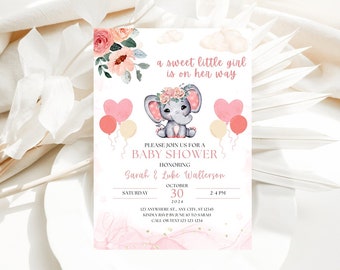 EDITABLE Blush Pink Rose Gold Elephant Baby Shower Thank You Flat Card ...