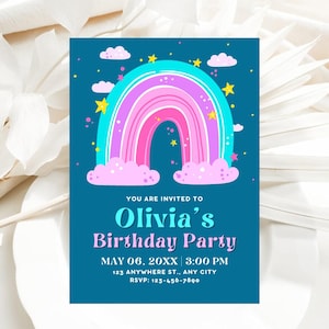 Rainbow Birthday Invitation, Pastel Rainbow Invitation, Editable Kids Birthday Invites, 5x7