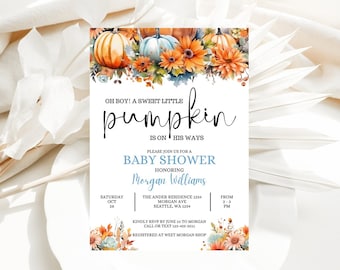 May include: A baby shower invitation with a pumpkin theme. The invitation features a watercolor illustration of pumpkins, sunflowers, and fall leaves. The text on the invitation reads "Oh Boy! A Sweet Little Pumpkin is on his ways. Please join us for a Baby Shower honoring Morgan Williams. Saturday, Oct 28, from 2-3 PM. The Ander Residence 1234 Morgan Ave Seattle, WA 1234. Kindly RSVP by June 10 to Morgan Call or Text 123-455-5511 Registered at Weet Morgan Shop."