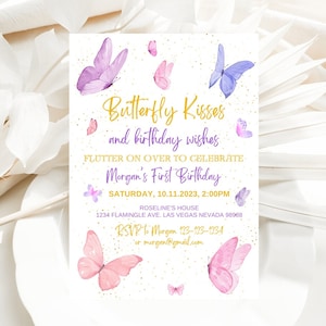 Editable Purple Butterfly Birthday Invitation Girl 1st Birthday Invite First Butterfly Kisses Pastel Printable Template Instant download