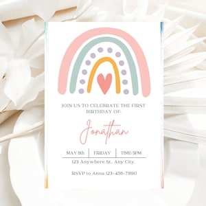 Rainbow Birthday Invitation, Pastel Rainbow Invitation, Editable Kids Birthday Invites, 5x7