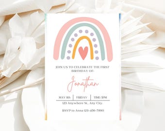 Rainbow Birthday Invitation, Pastel Rainbow Invitation, Editable Kids Birthday Invites, 5x7