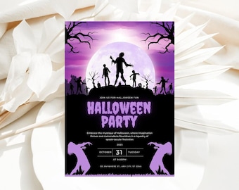 Può includere: Un invito a una festa di Halloween viola e nero con una silhouette di luna piena, alberi e zombie. Il testo recita "Join us for Halloween Fun, Halloween Party". La data e l'ora della festa sono il 31 ottobre 2023 alle 21:00. L'indirizzo è 123 Anywhere St, Any City, ST 12345.