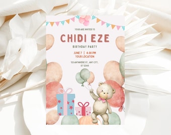 May include: A birthday party invitation with a watercolor illustration of a teddy bear holding balloons and presents. The invitation is for Chidi Eze's birthday party on June 7th at 4:00 PM. The location is 123 Anywhere St., Ant City, ST 12345.