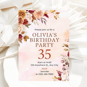 Autumn Birthday Party Invitation, Fall Floral Birthday Invite, Pumpkin, Watercolor Flowers, Fall Leaves, Rustic Tones DIY Editable Template
