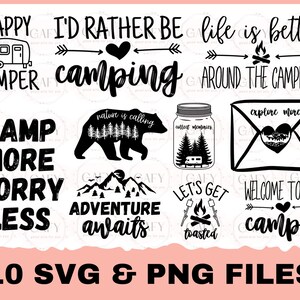 Camping Svg Bundle, Camp Life Svg, Svg de feu de camp, Png, Silhouette, Cricut, Cameo, Digital, Svg de vacances, Camping Shirt Design montagne svg