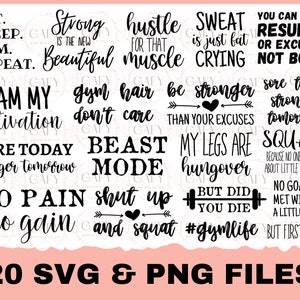 May include: A set of 20 black and white motivational quotes for the gym, including "Eat. Sleep. Gym. Repeat." and "No pain, no gain." The quotes are on a pink background.