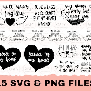 Puede incluir: Un conjunto de 15 archivos SVG y PNG en blanco y negro con varias citas y diseños conmemorativos. Las citas incluyen "Nunca te olvidaré", "Para siempre en mi corazón", "Descansa en paz" y "Siempre en mi mente".