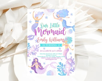 Editable Mermaid Birthday Invitation, Mermaid Invite, Under the Sea Birthday Party, Printable template Digital Instant Download