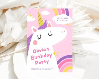 Editable Unicorn Birthday Invitation, Floral Pink Unicorn Birthday Invite, Purple Pink Gold Sparkle Unicorn Birthday Invitation