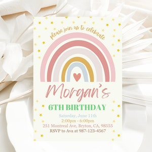 Rainbow Birthday Invitation for Girls, Gold Stars Modern/Boho Rainbow, Fun Girls Birthday Invitation Template, Editable Printable Download