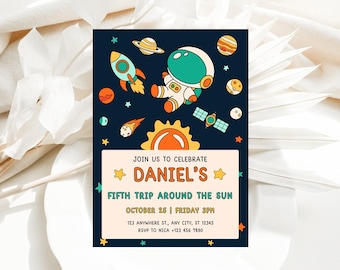 Invito di compleanno modificabile per lo spazio / Invito per astronauta con razzo e pianeti per ragazzo / Download digitale / Modifica download immediato / Invito per bambini nello spazio