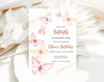 Butterfly Birthday Invitation, 1st Birthday Invite, Floral Butterfly Birthday Invitation, Girl Pink Purple Butterfly Party, 1st Birthday