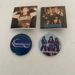May include: Four Queensrÿche band collectibles: two square magnets and two round buttons. The magnets feature band photos and the band's name. The buttons have the band's name and a band photo.