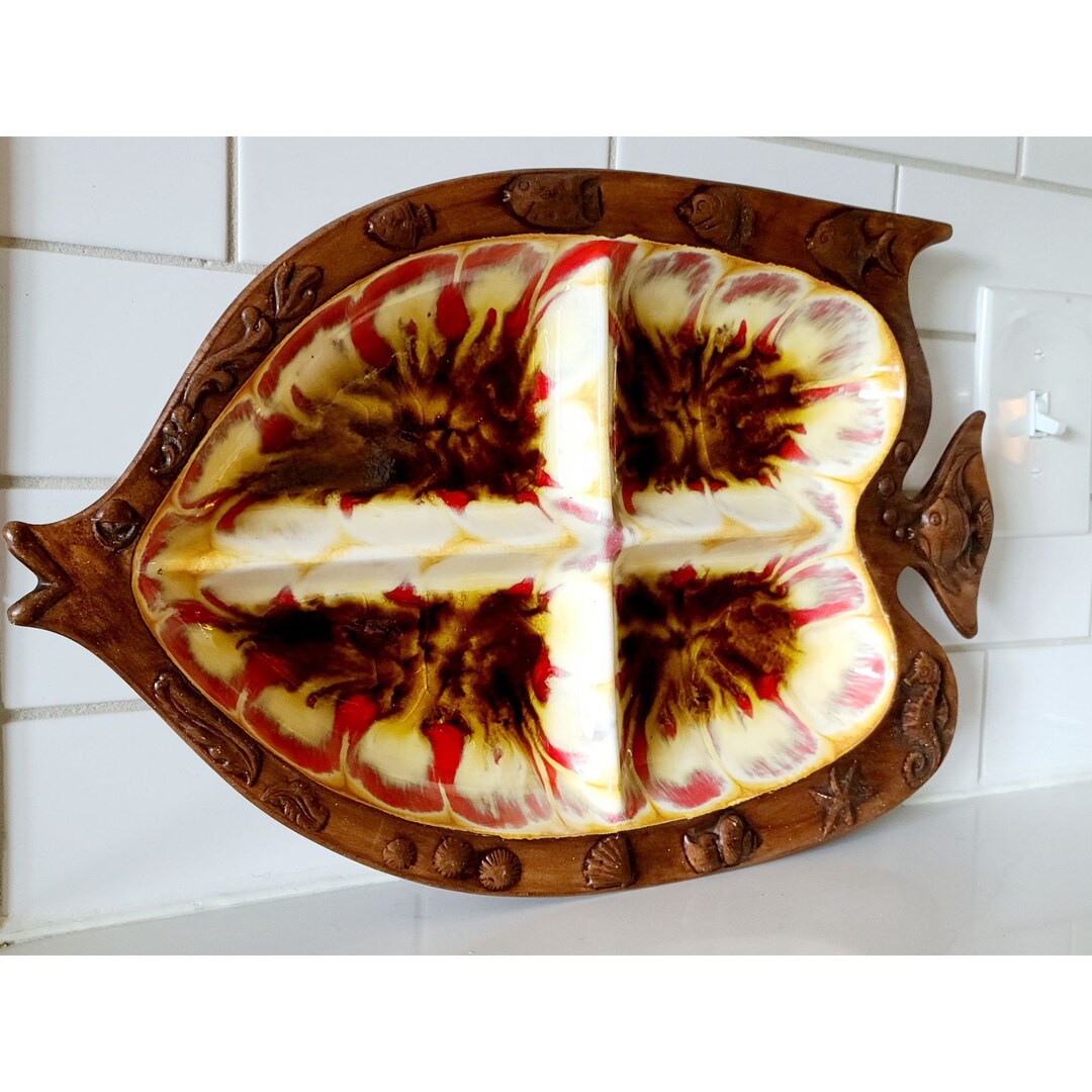 VTG Treasure Craft Fish Relish Platter Ceramic Drip Glaze Enamel Orange ...