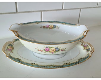 Noritake Rutland Gravy Boat China Aqua Edge Yellow Scrolls Floral Sprays 9"