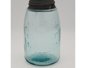 Midget Pint Masons Jar Hero Cross Patent Nov 30th 1858 Aqua Glass Zinc Lid Fruit