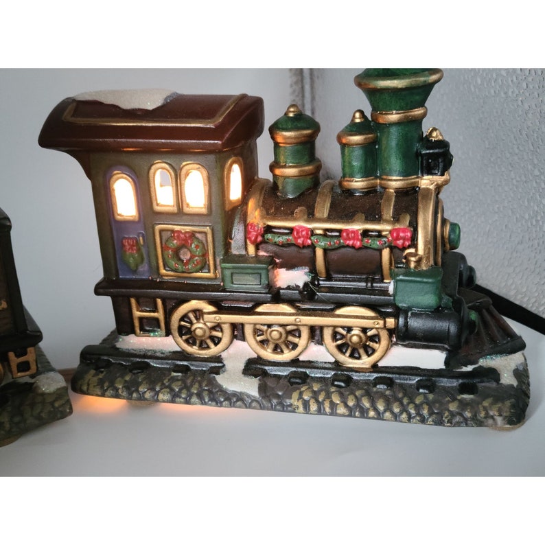 St. Nicholas Square Train Ceramic Hand Painted Christmas 3pc Set Light