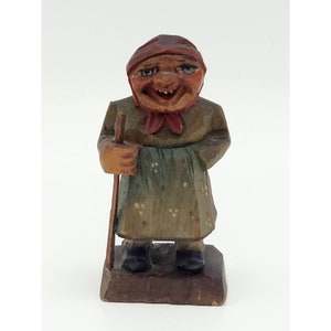 Vintage Hand Carved Old Italian Woman Figurine Miniature Italy ANRI Style Nonna