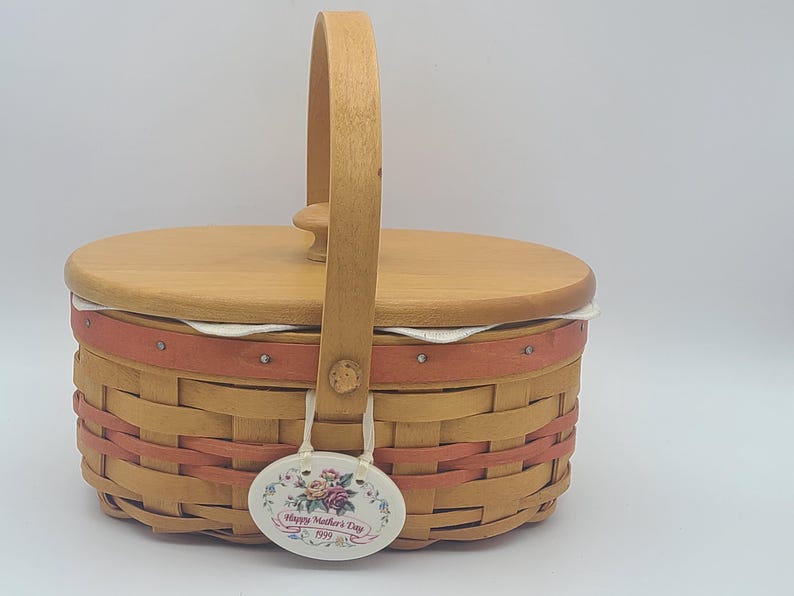 Longaberger Mothers Day Basket Tea For Two 1999 Floral Liner Combo Lid Oval Handle image 3