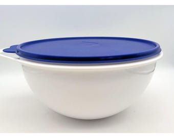 Bol de service à mélanger 12 tasses Thatsa Tupperware, blanc bleu, couvercle 2677