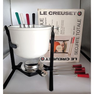 Vintage Le Creuset Fondue Set White Enamel Cast Iron Pot Pan With Stand 8 Forks