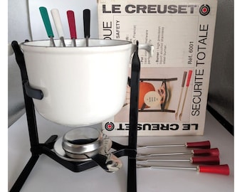Vintage Le Creuset Fondue Set White Enamel Cast Iron Pot Pan With Stand 8 Forks