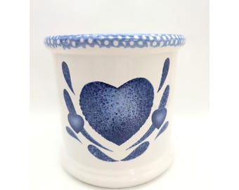 Vintage Corelle Utensil Crock Canister Blue Heart Sponge Paint Cottage Core 90s