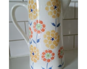 Anthropologie Pitcher Portugal Ceramic Yellow Orange Zinnia Flowers Biscuit
