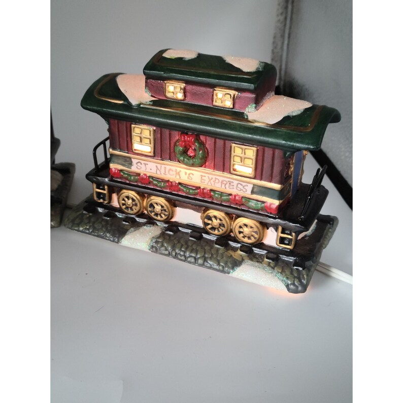 St. Nicholas Square Train Ceramic Hand Painted Christmas 3pc Set Light