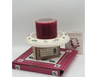 Longaberger Pottery Pillar Candle Holder Traditional Holly Xmas Red Apple NEW