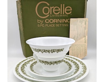 Vintage Corelle Corning Spring Blossom Green 5 pc Set Promotional New Open Box