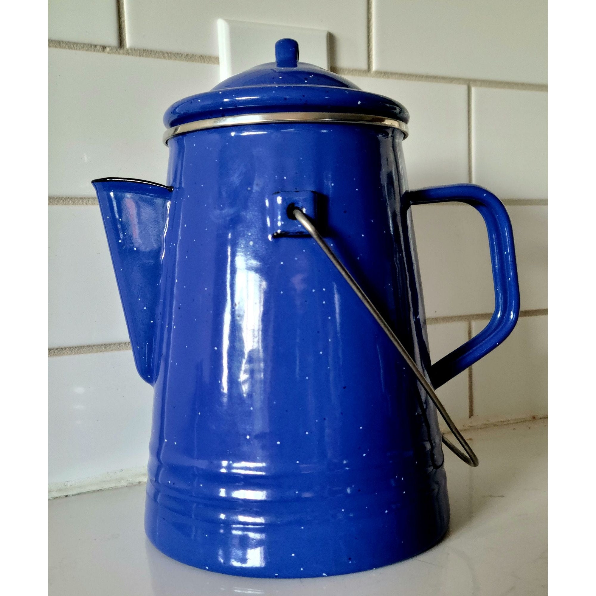 Vintage Blue Speckled Enamel Camping Coffee Pot Percolator Home Decor 