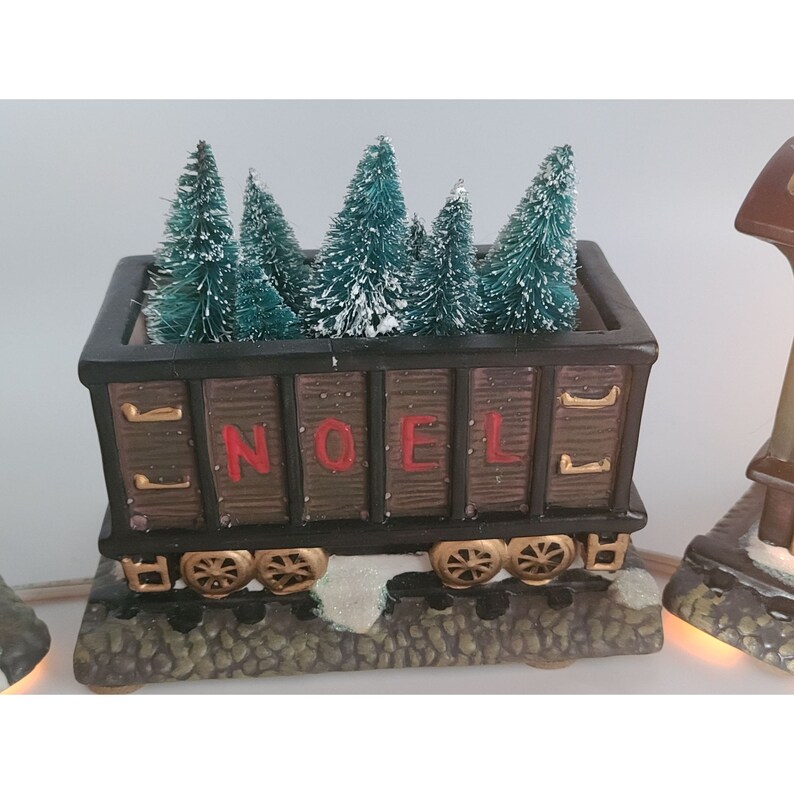 St. Nicholas Square Train Ceramic Hand Painted Christmas 3pc Set Light