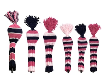 Golf Club Headcovers 6 Piece Navy, Pink & Light Pink Stripe Set for Driver, Fairway Woods and Hybrids Head Covers with Tassel Hand Knit Gift